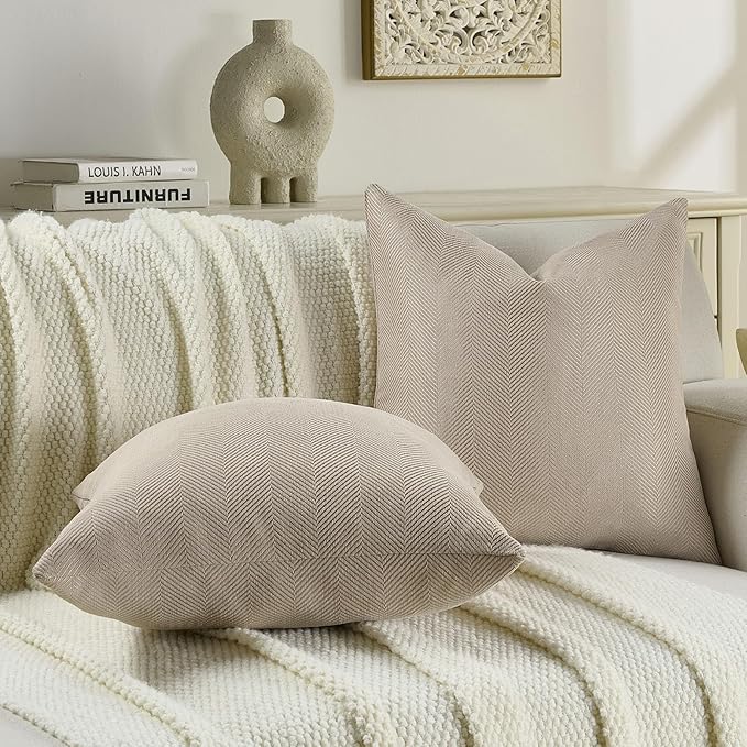 FUTEI Oatmeal Chenille Throw Pillow Covers 22x22 Inch Set of 2,Soft Wide Chevron Textured Cushion Case,Farmhouse Home Decor for Couch Bed Living Room