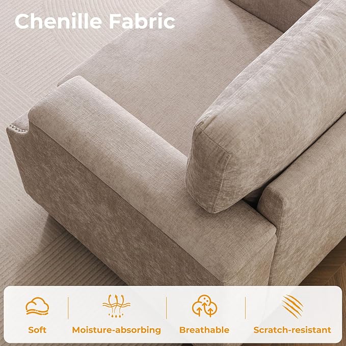 85'' L Shaped Couch with Armrest Organizer,Comfy 3 Seats Sofa with Storage Ottoman,Chenille Sectional Couches for Living Room,Bedroom,Apartment,Sofa Set with Oversized Chair,Khaki