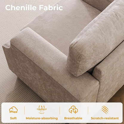 85'' L Shaped Couch with Armrest Organizer,Comfy 3 Seats Sofa with Storage Ottoman,Chenille Sectional Couches for Living Room,Bedroom,Apartment,Sofa Set with Oversized Chair,Khaki