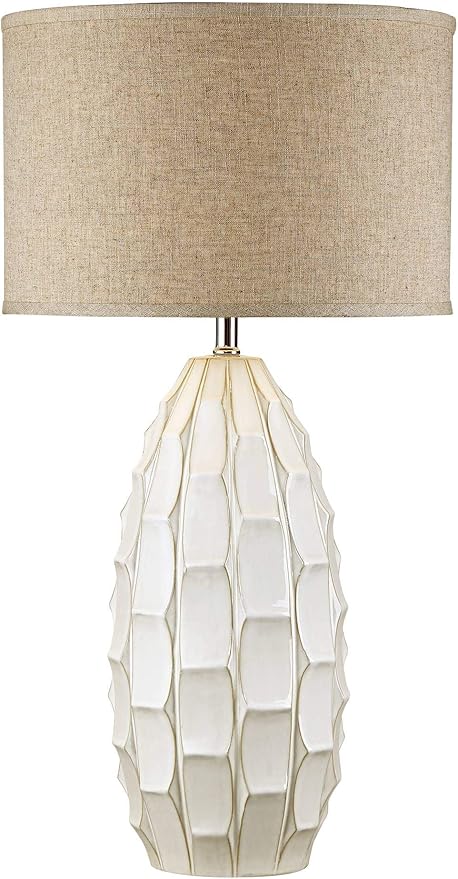 Possini Euro Design Cosgrove Mid Century Modern Coastal 3-Way Table Lamp with Table Top Dimmer 32.75" Tall White Glazed Ceramic Beige Fabric Drum Shade for Living Room Bedroom House (Colors May