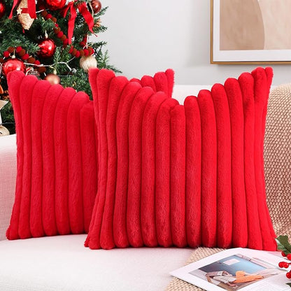 Pallene Faux Fur Plush Christmas Throw Pillow Covers 16x16 Set of 2, Luxury Soft Fluffy Striped Decorative Pillow Covers for Sofa, Couch, Living Room, Red