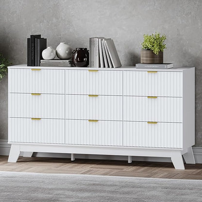 Fluted 9 Drawer Dresser, 57.1" Wide Modern Boho Chest of Drawers, Wooden Storage Dresser TV Stand for Bedroom, Living Room, Closet, Hallway, Curved Profile Design