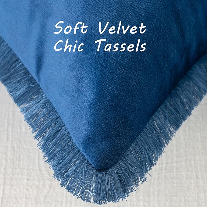 FUTEI Navy Blue Velvet Decorative Throw Pillow Covers 20x20 Set of 2,Soft Cozy Edge with Tassels Cushion Case,Boho Modern Home Decor for Couch Bed Living Room