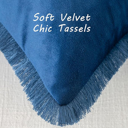 FUTEI Navy Blue Velvet Decorative Throw Pillow Covers 20x20 Set of 2,Soft Cozy Edge with Tassels Cushion Case,Boho Modern Home Decor for Couch Bed Living Room