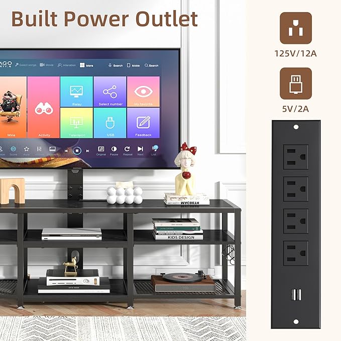 VECELO 63" TV Stand with Mount and Power Outlets, Entertainment Center Console with Open Storage Shelves, Height Adjustable Mount up to 75”, Wooden Table and Metal Frame for Living Room, Modern Black