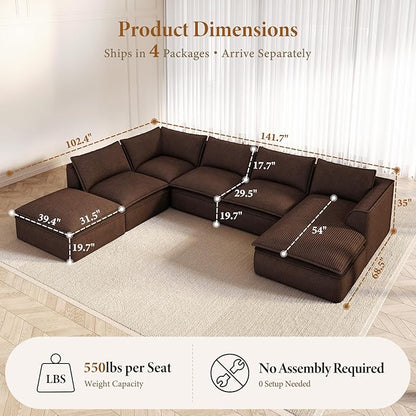 Vesgantti 141.7" Oversized Boneless Sectional Couch, Modern 7 Seater Modular Sofa with Chaise & Ottoman, Deep Seat Corduroy Cloud Couches for Living Room, No Assembly Required, Dark Brown