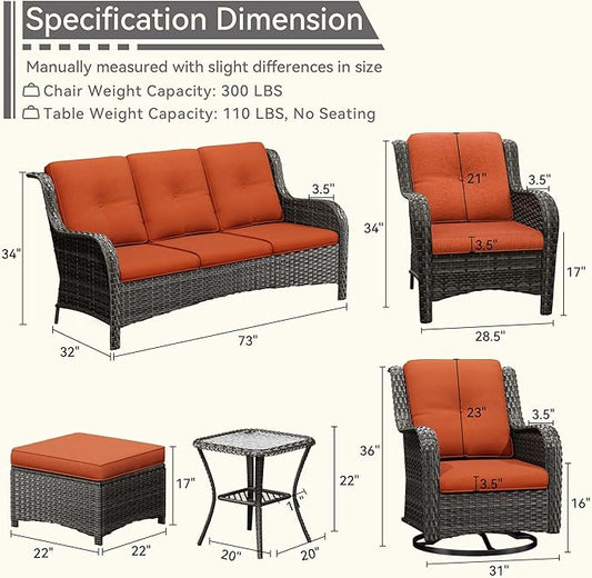 Wicker Patio Furniture Set 8-PCS with A 3-Seat Sofa, 2 Swivel Rocking Chairs, 2 Armchairs, 2 Ottomans and 1 Side Table Patio Conversation Set, Orange