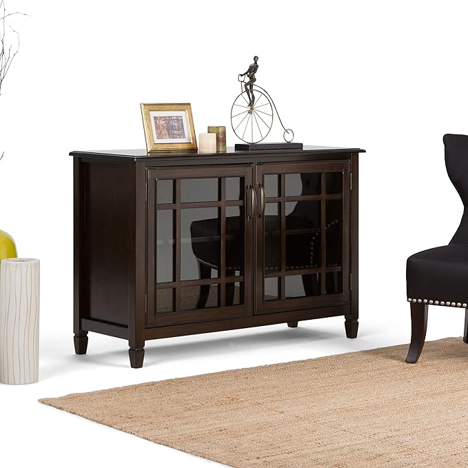SIMPLIHOME Connaught SOLID WOOD 46 inch Wide Traditional Low Storage Cabinet in Dark Chestnut Brown for the Living Room, Entryway and Family Room