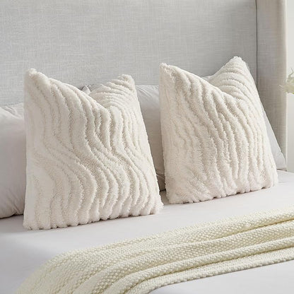 FUTEI White Decorative Throw Pillow Covers 22x22 Inch Set of 2,Soft Faux Fur Geometric Shapes Texture Cushion Case,Boho Home Decor for Couch Bed Living Room