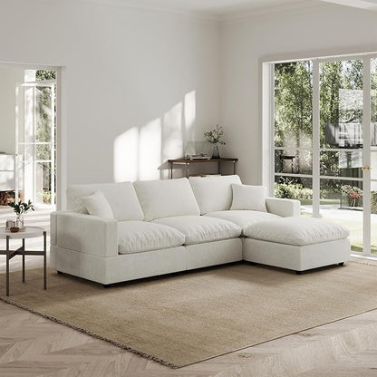 Modern Sectional Linen Couch for Living Room L-Shape Sofas,4 Seat Modular Cloud Sofas,Detachable Couch Cushion Covers,Cozy Feather Down Sofa for Apartment Cream White