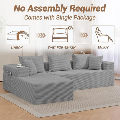 105" Cloud Sectional Couch, Modular Sectional Sofa with L-Shape Chaise, Corduroy Boneless Couches for Living Room, No Assembly, Grey