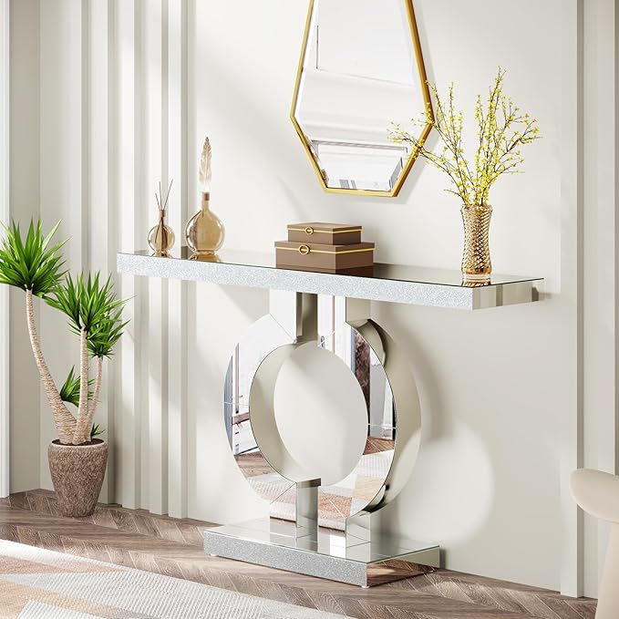 Tribesigns Modern Mirrored Console Table, Glass Sofa Table with Mirror Finish, 43-Inch Entryway Table with O-Shaped Base, Rectangular Accent Foyer Table for Living Room Hallway Entrance (Silver)