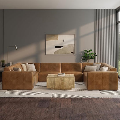 SIMPLIHOME Rex U-Shaped Sectional Modular Sofa in Full-Grain Genuine Leather, Caramel Brown, 144-inches Wide, Handcrafted Modern-Style Large Leather Couch for Living Room
