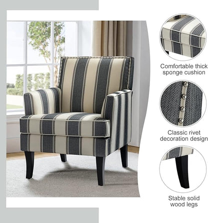 HULALA HOME Living Room Armchair Farmhouse Striped Accent Reading Chair with Wooden Legs & High Back Rest & Padded Armrest & Nail Head Trim for Lounge/Bedroom, Striped Black
