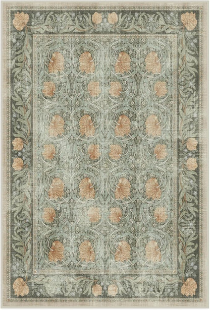 RUGGABLE x Morris & Co Washable Area Rug – Pimpernel Vintage Green 4x6, Stain-Resistant, Non-Slip – Medium Machine Washable Rugs for Living Room, Bedroom, Hallway, Entryway & Office–with Standard Pad