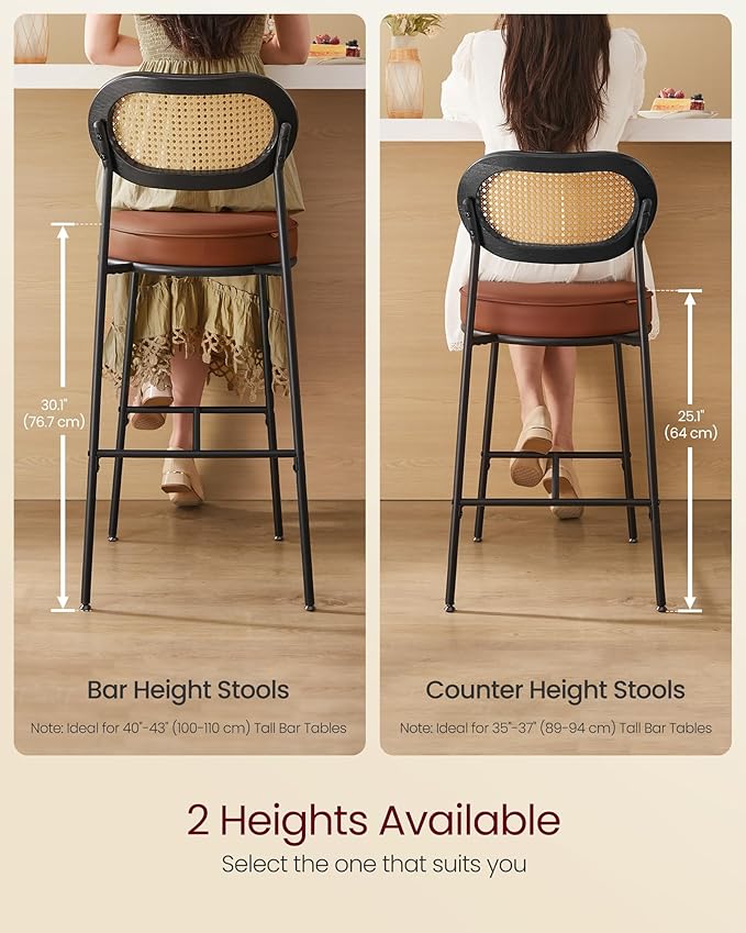 VASAGLE Bar Stools Set of 2, Bar Height Stools with Rattan Back and Metal Legs, 30.1-Inch Tall Counter Chairs, Modern Leather Upholstered Barstools for Kitchen Island Dining Room, Caramel Brown