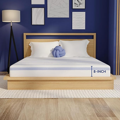 Vibe Gel Memory Foam Mattress, Fiberglass Free 8-Inch CertiPUR-US Certified Bed-in-a-Box, Queen, White