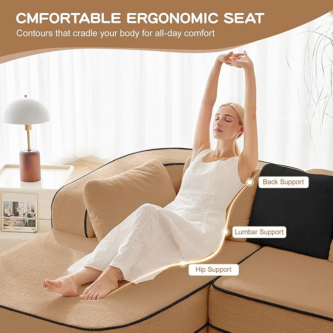 Cloud Sectional Sofa Modern Boneless Couch for Living Room, Comfy Deep Seat Comfy Teddy Fabric Double Sofa Chaise No Assembly Required (Camel, 135"- 4 Seater)