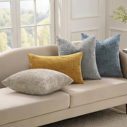 decorUhome Neutral Grey Chenille Throw Pillow Covers 16x16 Set of 2 Thick Textured Slubby Couch Pillow Covers Farmhouse Accent Modern Neutral Decorative Pillow Cases for Bed Sofa Living Room