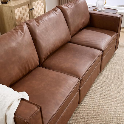 U Shaped Brown Leather, 90 Inches Cloud Modular Sectional Sofa, Modern Convertible Comfortable Sofa for Living Room/Apartment