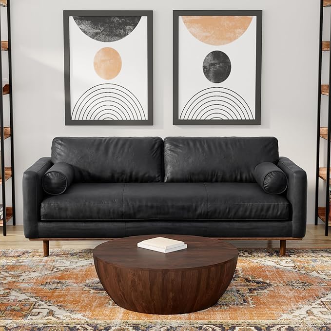 SIMPLIHOME Morrison 89-inch Wide Sofa in Lead Black Genuine Leather, Mid-Century Modern Design Couch for Living Room, Single Bench Cushion, 2 Back Cushions, 2 Bolster Pillows
