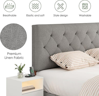 Upholstered Full Size Headboard Only for Bed Frame from 42”-55”, Adjustable Height Full Headboards with Durable Wood Leg, Fabric Bed Board in Modern Button Design, Light Grey