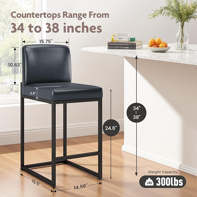 ALPHA HOME 24 Inch Bar Stools Set of 2, Kitchen Counter Stools with Backs, PU Leather Barstools, Kitchen Stools with Back&Upholstered Footrest, Sturdy Chromed Metal Steel Frame, Midnight Blue
