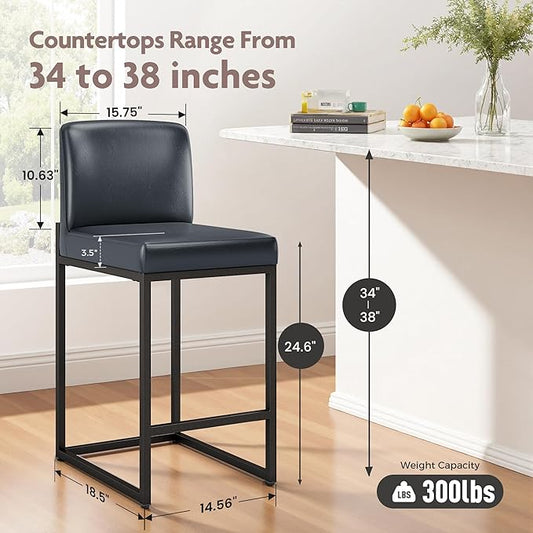 ALPHA HOME 24 Inch Bar Stools Set of 2, Kitchen Counter Stools with Backs, PU Leather Barstools, Kitchen Stools with Back&Upholstered Footrest, Sturdy Chromed Metal Steel Frame, Midnight Blue