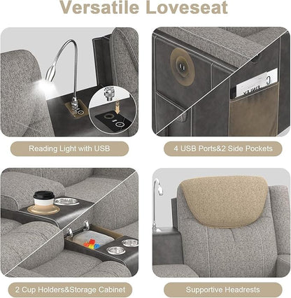 4 Seat Recliner Sofa, 2 - Way Multi - Function Manual 4 Seater Recliner Couch with Cup Holders, Storage & USB Ports, Luxury Large Linen & Leather Blend Reclining Sofa for Living Room