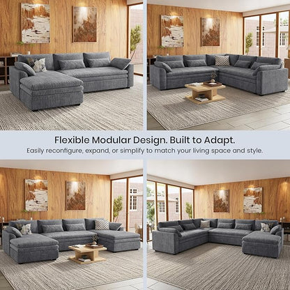 Belffin Large Modular Sectional Sofa with Double Deep Chaise and Loveseat, Corduroy U Shape Couch with 9" Soft Dual-Layer 9 Seats Cushion for Living Room, Apartment, Light Grey