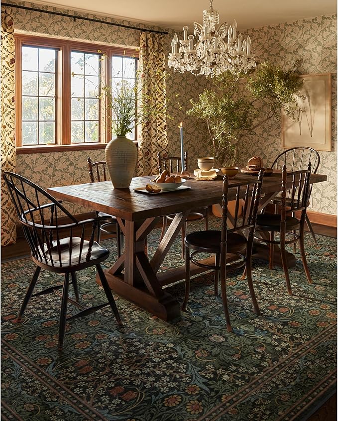 RUGGABLE x Morris & Co Washable Area Rug – Blackthorn Forest Green 9x12, Stain-Resistant, Non-Slip – Large Machine Washable Rugs for Living Room, Bedroom, Hallway, Entryway & Office–with Standard Pad