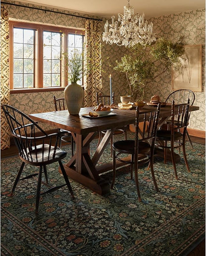 RUGGABLE x Morris & Co Washable Area Rug – Blackthorn Forest Green 9x12, Stain-Resistant, Non-Slip – Large Machine Washable Rugs for Living Room, Bedroom, Hallway, Entryway & Office–with Standard Pad
