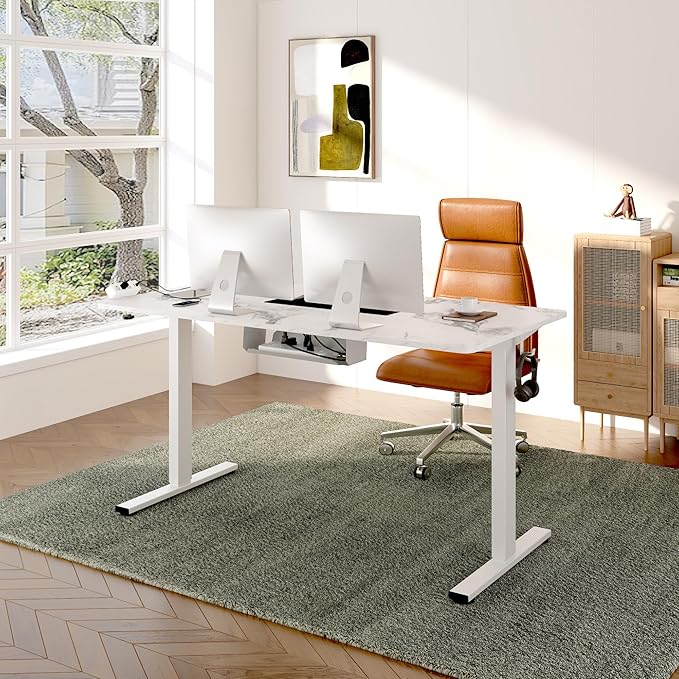 FLEXISPOT EN2 Whole-Piece Standing Desk with Clamp Power Strip, 48 x 30 Electric Stand Up Height Adjustable Desk with Cable Management (White Frame + 48" Marble Gray Top, 2 Packages)
