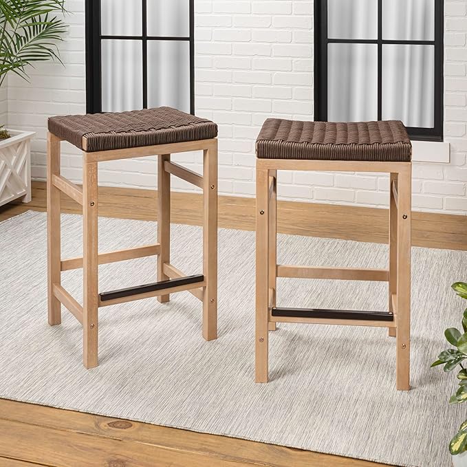 JONATHAN Y CSL1201C-SET2 Armand 25.6" Modern Coastal Backless Acacia Wood Outdoor Counter Stool with Woven Rope Seat, for Pool, Deck, Poolside, Light Teak/Brown (Set of 2)