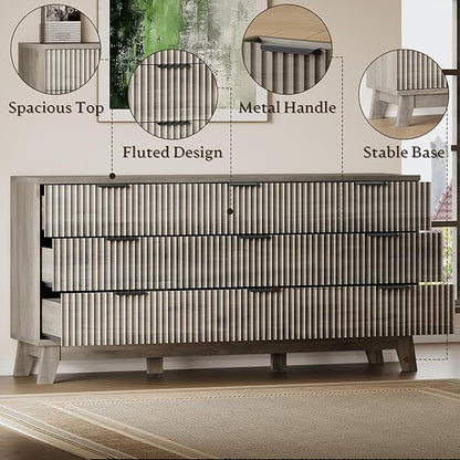 63" Long Dresser for Bedroom, 9-Drawer Fluted Dresser, Extra-Wide Wood Chest of Drawers with Smooth Metal Slides, Stable Base, Modern Clothes Storage Cabinet for Living Room, Hallway, Nursery