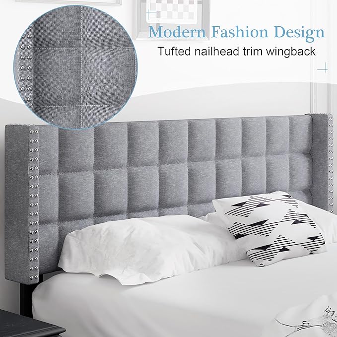 VECELO Headboard Queen Size, Linen Upholstered Headboards Only with Nailhead Trim Wingback, Square Stitched Design, Adjustable Height from 40" to 49.8", Light Grey