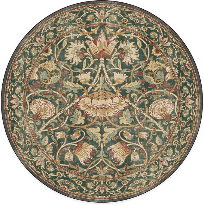 RUGGABLE x Morris & Co Machine Washable Area Rug– Lodden Soft Evergreen & Gold 6 ft Round, Stain-Resistant, Non-Slip–Medium Rug for Living Room, Bedroom, Hallway, Entryway & Office–with Cushioned Pad