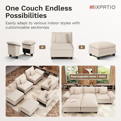 123-Inch L Shaped Sectional Sofa with Cloud Cushions, Deep Seat Modular Couch Set w/ 4 Seats & 1 Ottomans, Removable Arms, Plush Corduroy Upholstery for Living Room, Apartment - Beige