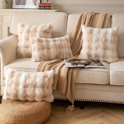 Pack of 2 Thick Plush Throw Pillow Covers Fluffy Wave Faux Fur Decorative Cushion Covers Soft Wool Pillowcase for Sofa Couch Livingroom 20x20 Inch White Beige