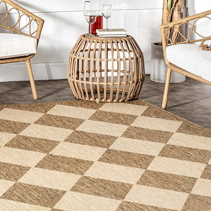 nuLOOM 7' Square Outdoor Performance Area Rug, Stain Resistant, Weather Resistant, High Traffic, Patio, Balcony, Outside, Sabina Brown