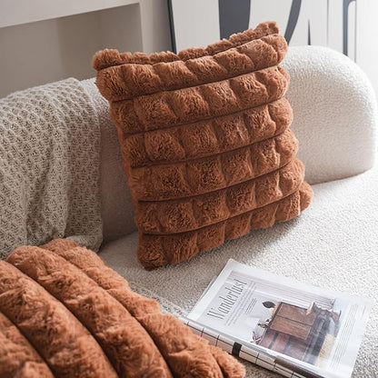 Neelvin Brown Faux Fur Cozy Soft Plaid Decorative Throw Pillow Covers 20x20 inch Set of 2,Velvet Pillowcase Cushion Case for Sofa Couch
