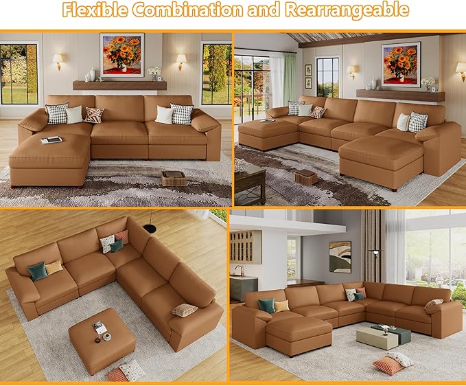 EASE MOOSE 3 Seater Deep Seat Sectional Sofa, Scratch Resistant Faux Leather Material, Oversized Modular Couch for Living Room,Modern Comfy Sofas for Small Spaces,Brown