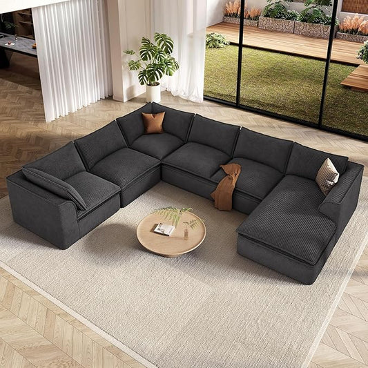 Vesgantti 141.7" Oversized Boneless Sectional Couch, Modern 7 Seater Modular Sofa with Chaise, Deep Seat Convertible Corduroy Cloud Couches for Living Room, No Assembly Required, Black