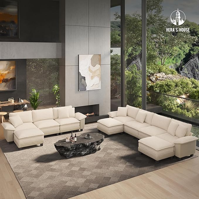 HERA'S HOUSE Oversized Modular Sectional Sofa, 124" L Shaped Cloud Couch with Ottoman and Throw Pillow, Mixed Fabric Sleek Couches for Living Room, Beige