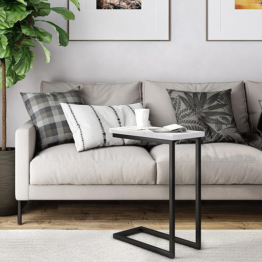 SIMPLIHOME Skyler 18-inch Wide Metal Table in White/Black, C-Shaped Industrial-Style Side Table with Genuine Marble Top for Living Room, Bedroom, or Home Office