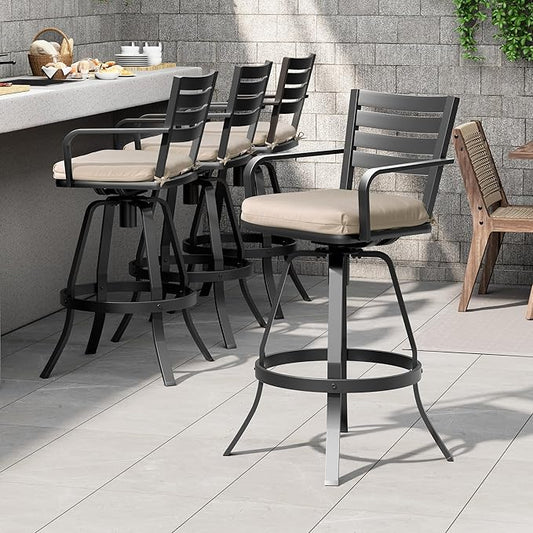 Pellebant Patio Swivel Barstools Set of 6, Aluminum 29.5" Outdoor Bar Height Stool Chairs with Back & Footrest,Rust-Proof Tall Patio Bar Stools for Deck Lawn Garden,Beige