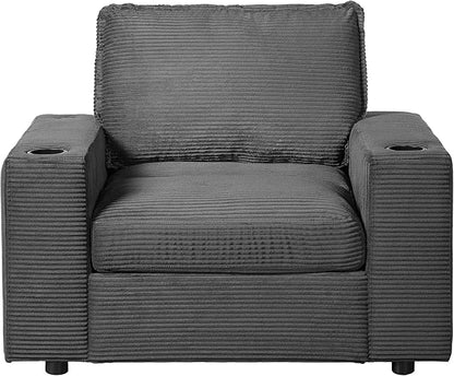 Christopher Knight Home Zoe Oversized Chaise Lounge Chair Indoor with Cup Holders & USB Charging Port, Corduroy Upholstered Sofa Bed + Ottoman with Storage, Comfy Deep Seat Sleeper Sofa Chair, Grey
