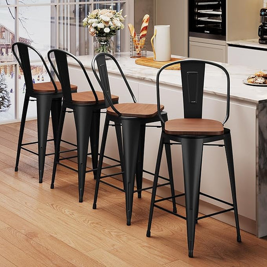 Aklaus Swivel Metal Bar Stools Set of 4 Counter Height Stools Counter Bar Stools with Back Swivel Metal Bar Chairs Wooded Seat 26 Inch Matte Black barstools