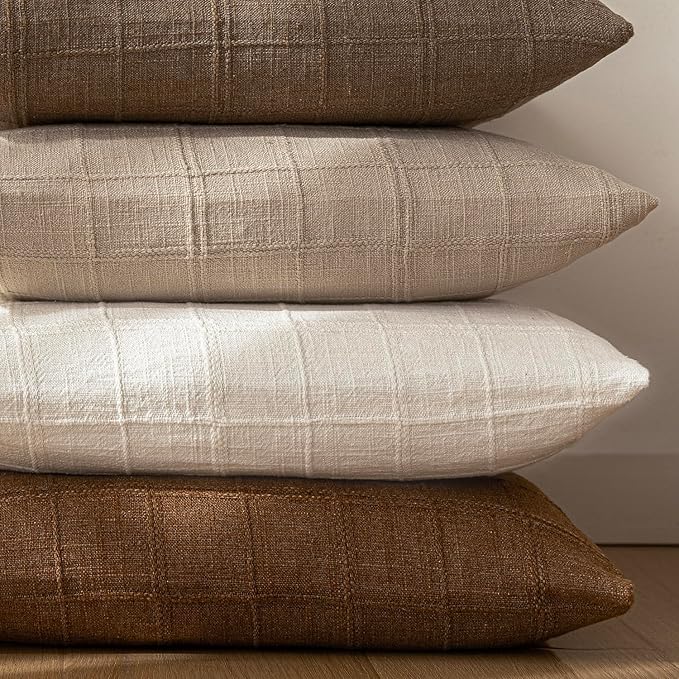 Foindtower Set of 2 Decorative Linen Check Throw Pillow Covers Neutral Farmhouse Vintage Cushion Covers Modern Boho Home Decor for Sofa Chair Couch Bedroom Living Room,20×20 Inch,Cream White