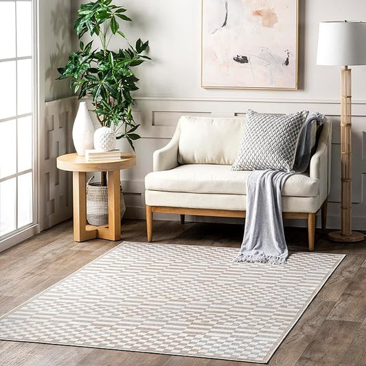 nuLOOM Nikita Checkered 4x6 Machine Washable Area Rug for Living Room Bedroom Dining Room Kitchen, Beige/Ivory